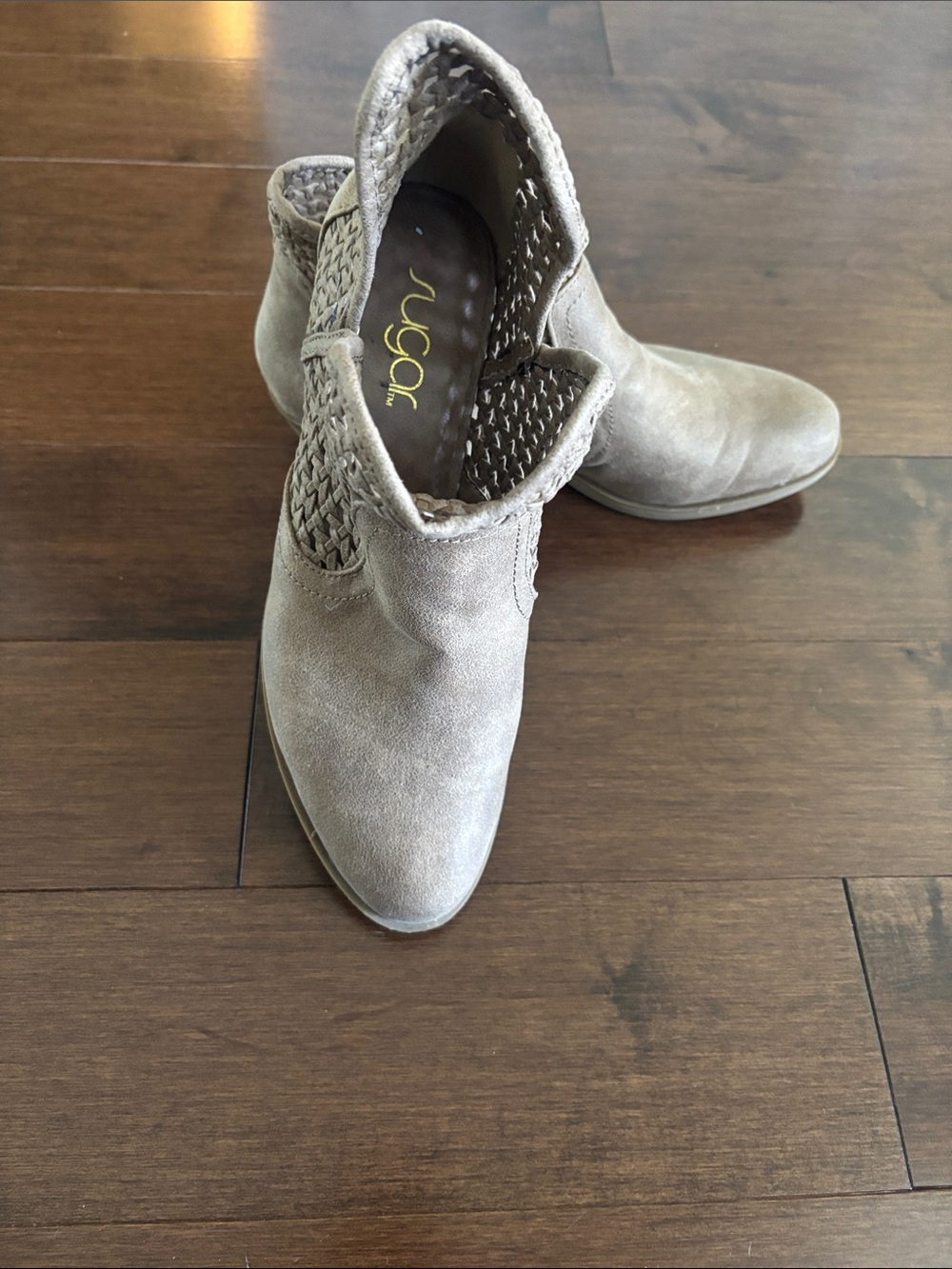SUGAR Taupe Suede Woven-Collar Ankle Booties